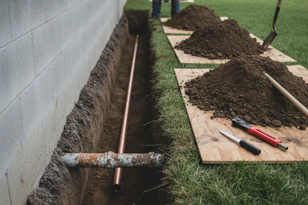 Excavated water line trench during Water Softener Installation in Halsey